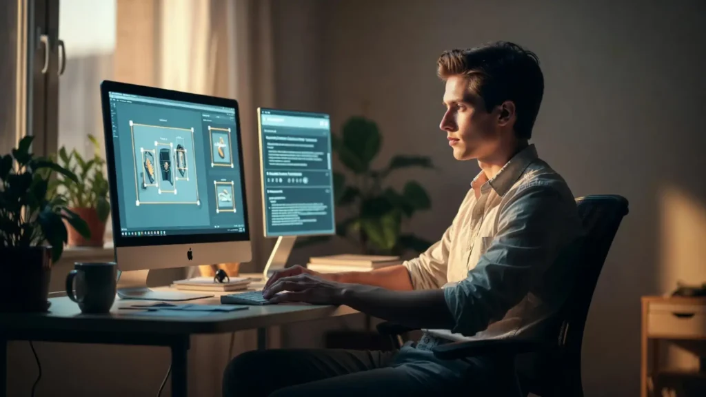Young professional working remotely on the best platform for freelance AI data annotation in 2026, with annotation tools visible on screen