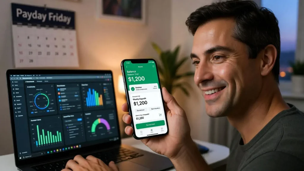 Freelancer checking bank app with healthy deposit from high-paying freelance AI data annotation work in 2026