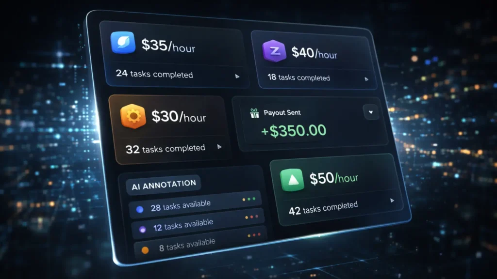 Digital dashboard overview of multiple trusted platforms for freelance AI data annotation with hourly rates and task stats in 2026