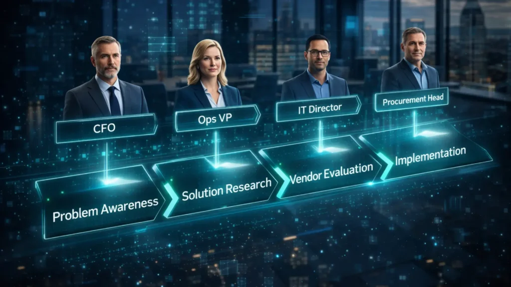 High-ticket B2B buyer journey map 2026 showing 4 stages with executive stakeholders for effective B2B SEO strategy