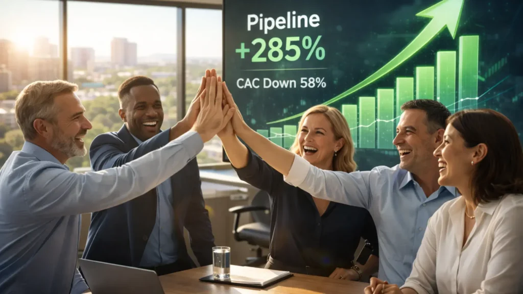 Real B2B SEO strategy success story 2026 – executive team celebrating 285% pipeline growth and 58% CAC reduction