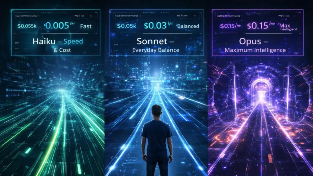 Decision framework for Claude Haiku vs Sonnet vs Opus: Three paths showing speed/cost (Haiku), balance (Sonnet), and maximum intelligence (Opus)
