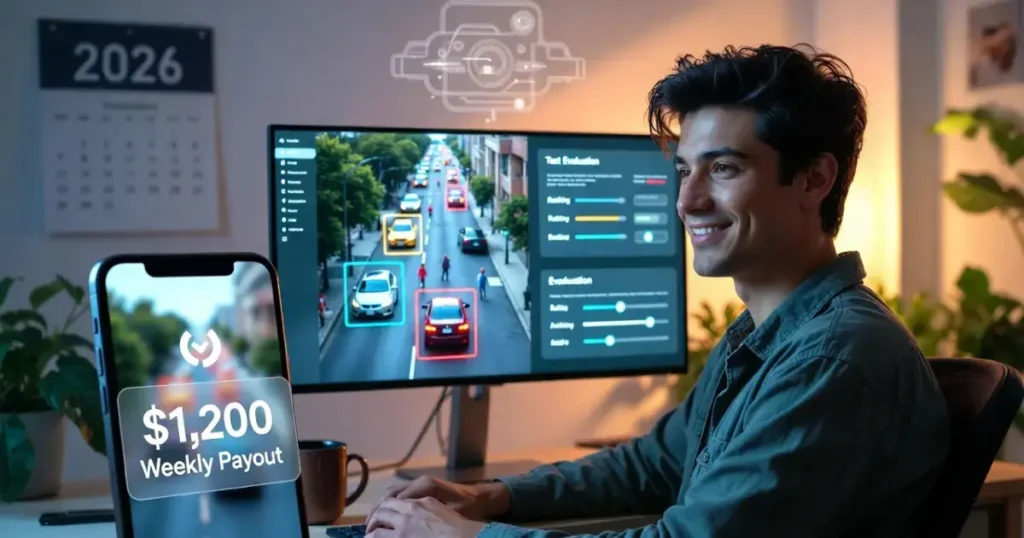 "Freelancer working on the best platforms for freelance AI data annotation in 2026, with annotation tasks and weekly payout notification on screen"