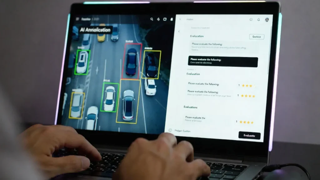 Close-up of laptop screen showing typical tasks on the best platforms for freelance AI data annotation, including image labeling and text evaluation