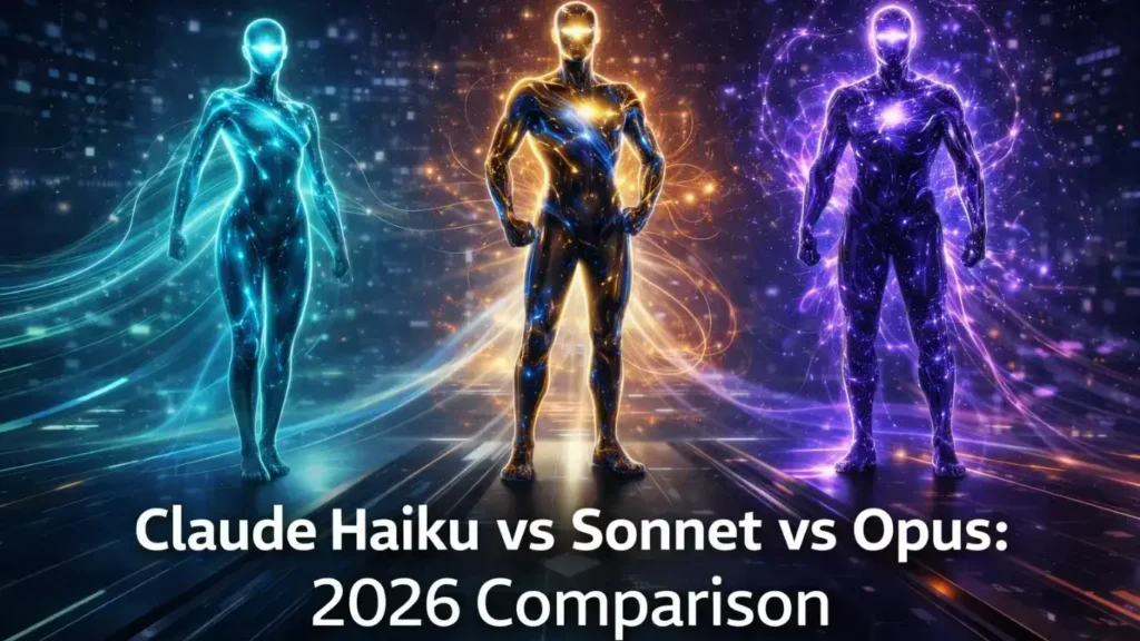 Featured image: Claude Haiku vs Sonnet vs Opus comparison 2026 – Three AI figures representing Haiku (speed), Sonnet (balance), and Opus (maximum intelligence) on a futuristic background