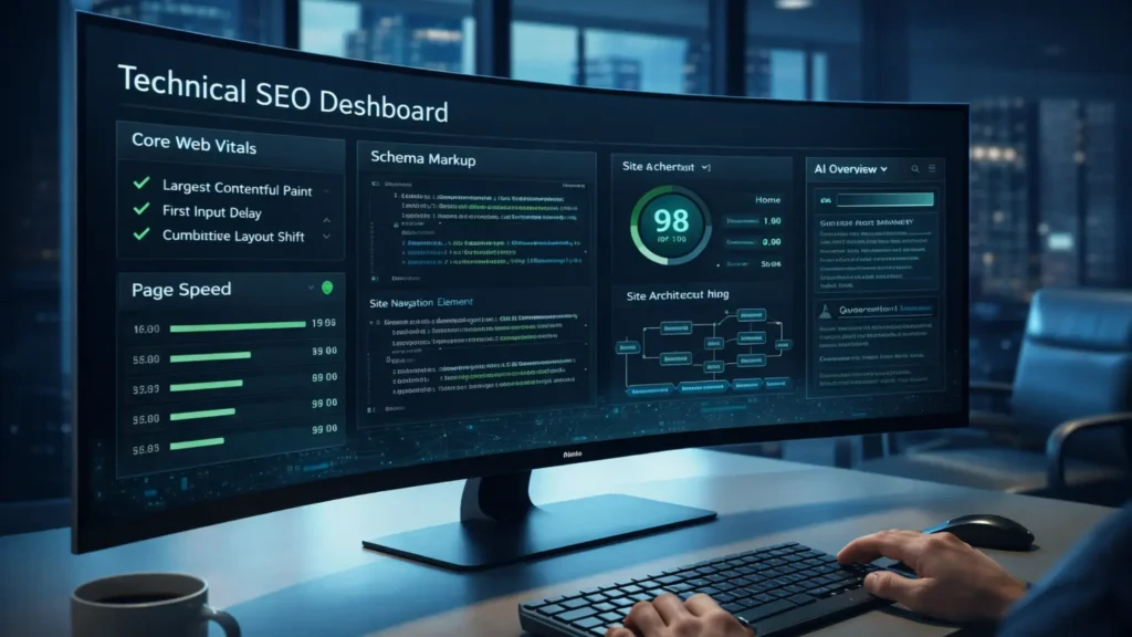 Technical SEO checklist and dashboard for enterprise B2B SEO strategy 2026 with Core Web Vitals and schema markup