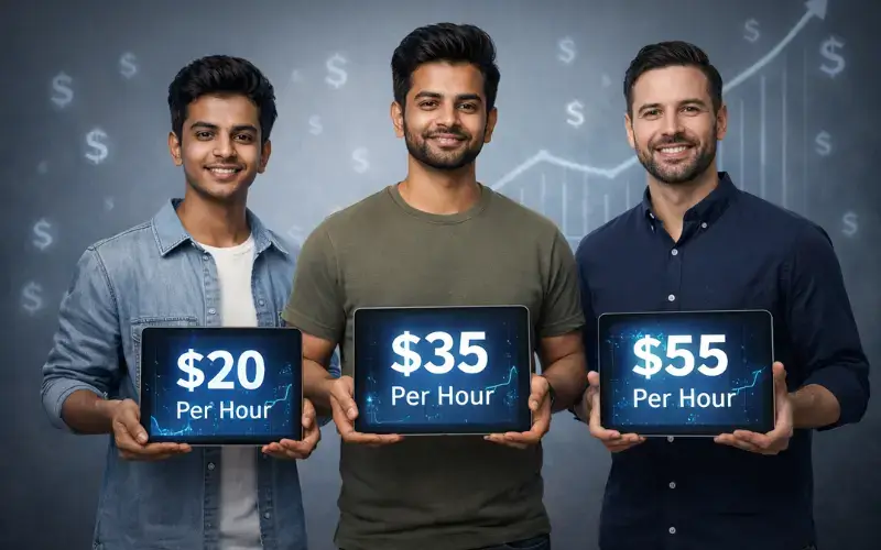 "Group video call with successful 2026 data annotation freelancers proudly showing their hourly earnings from $25 to $65"