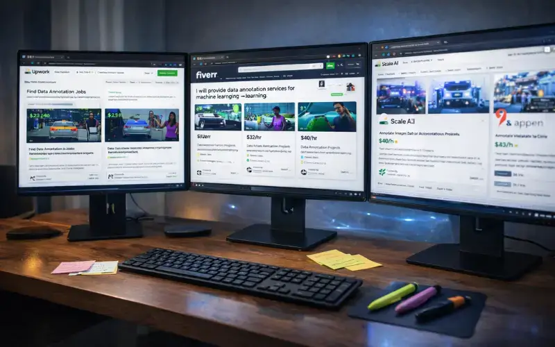 "Freelancer dashboard showing Upwork, Fiverr, Scale AI, and Appen with real 2026 data annotation job postings and hourly rates"