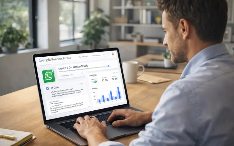 Business owner managing google business profile updates news 2026 on laptop with active WhatsApp messaging and AI Q&A dashboard