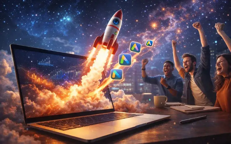 Rocket launch metaphor for higher ROI with Google Ads management services in 2026.