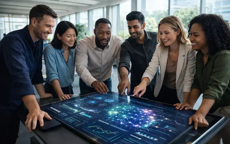 "Diverse AI professionals collaborating at top AI companies to work for in 2026 USA – modern Silicon Valley office"