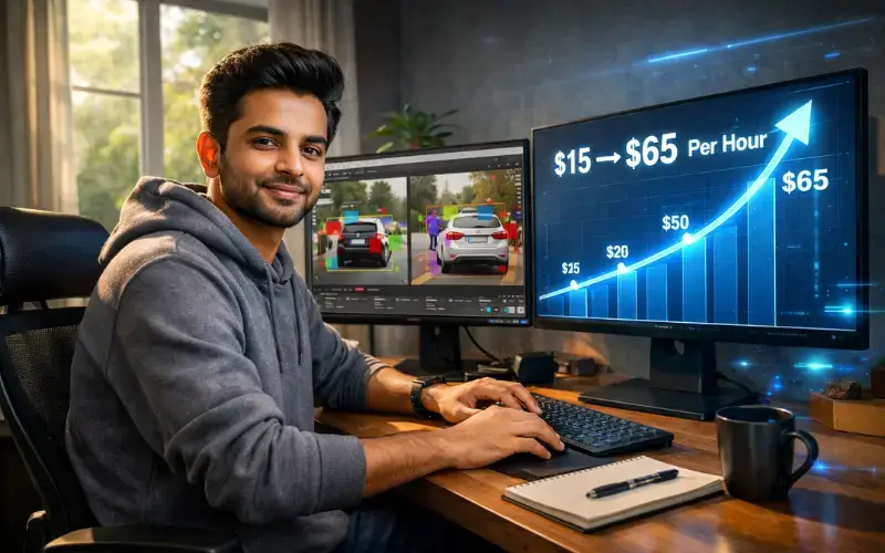 "Indian freelancer working on data annotation projects in 2026, dual screens showing AI labeling tools and rising hourly rate graph from $15 to $65"

