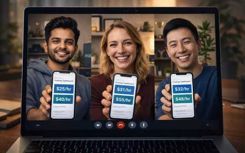 "Three freelancers representing beginner ($20/hr), mid-level ($35/hr), and expert ($55/hr) tiers in 2026 data annotation market"