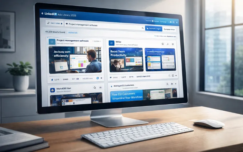The refreshed 2026 LinkedIn Ads Library interface – clean filters, instant previews, and full transparency at your fingertips.