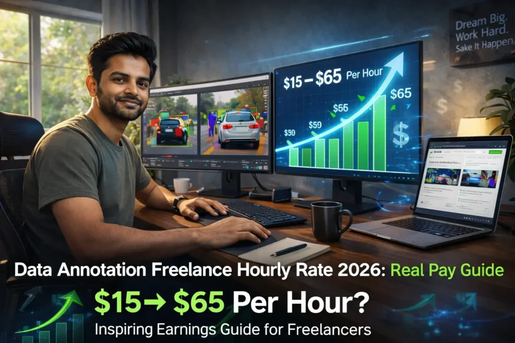 "Featured image: Young Indian freelancer in 2026 working on data annotation projects, screens showing AI labeling tools and rising freelance hourly rate graph from $15 to $65"