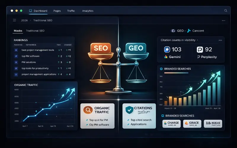 •	"Hybrid SEO and GEO strategy dashboard for maximum search visibility"
