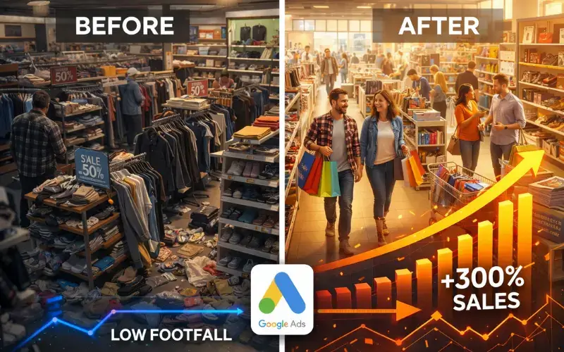 Case study visualization of ROI boost through Google Ads management services for retail brand.