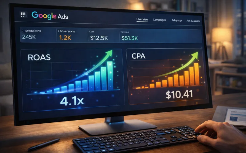 ey metrics dashboard for measuring ROI in Google Ads management services.
