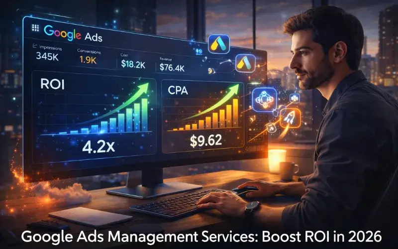 Featured image: Expert using Google Ads management services dashboard with rising ROI in 2026, AI-driven optimization