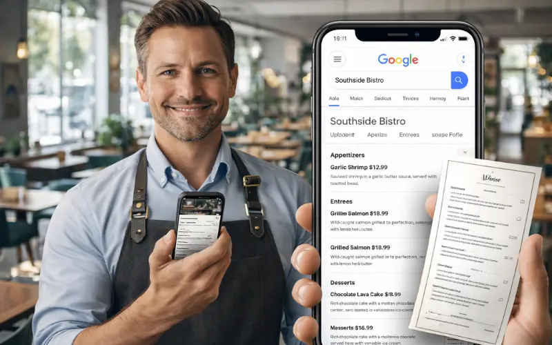 AI-powered menu digitization feature in google business profile updates news 2026 showing restaurant menu instantly extracted on Google search