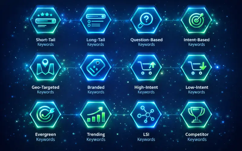 12 Types of Keywords in SEO 2026 infographic