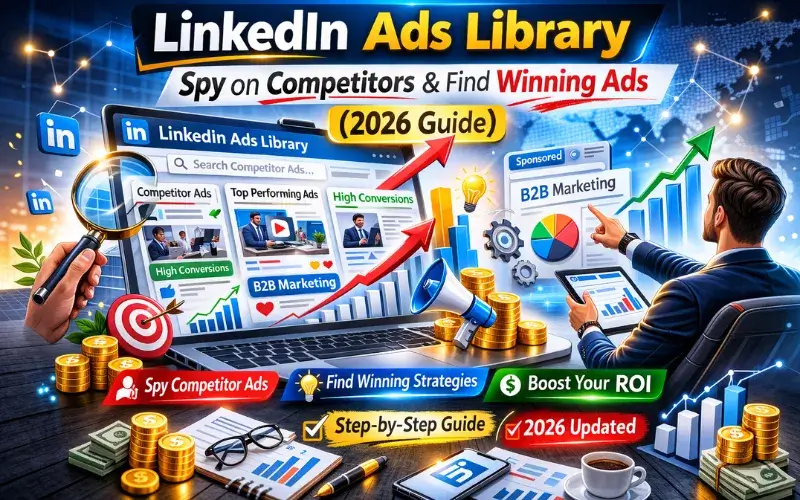 LinkedIn Ads Library dashboard showing competitor ads analysis, high-converting ad examples, and B2B marketing strategy insights for better ROI
