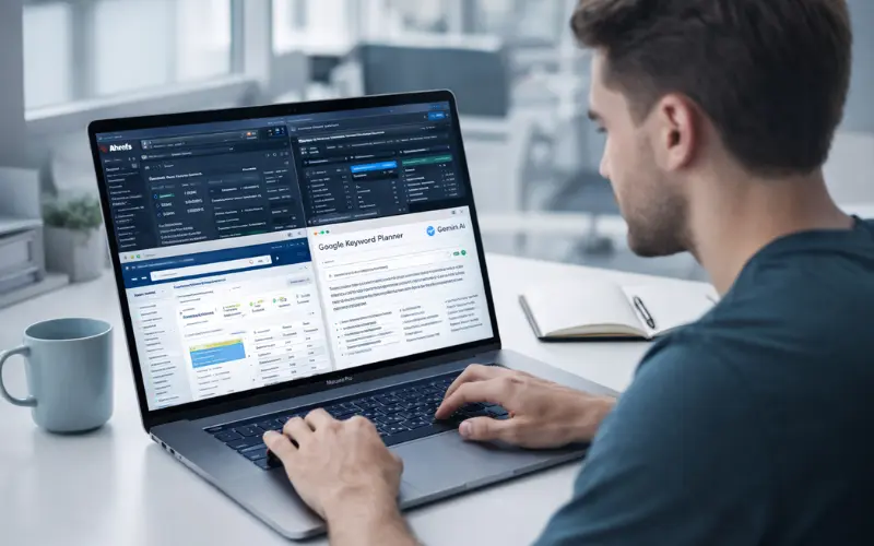 SEO expert doing keyword research with Ahrefs SEMrush and Gemini in 2026