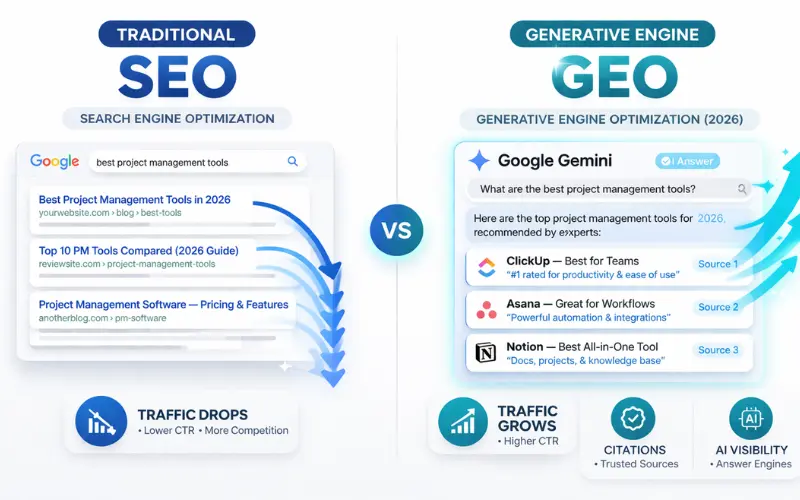 "GEO vs SEO comparison 2026 traffic flow visualization"