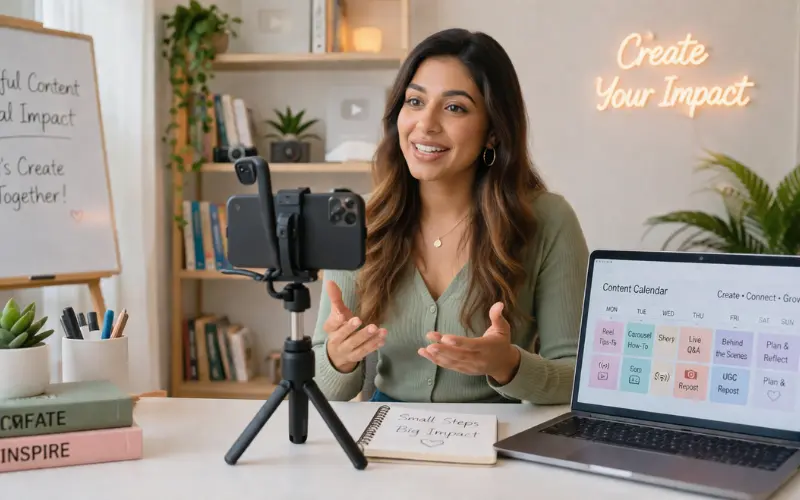 Young creator filming authentic short-form video content for her business in 2026